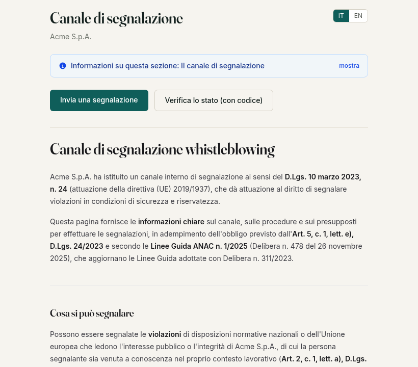 La pagina pubblica del canale di segnalazione